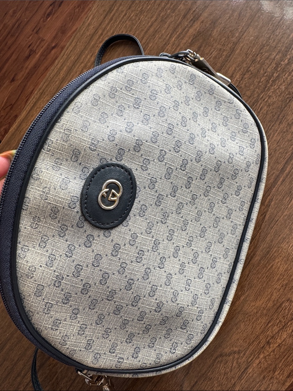 Gucci Beige Canvas Crossbody Bag with Black Trim and Gold Hardware